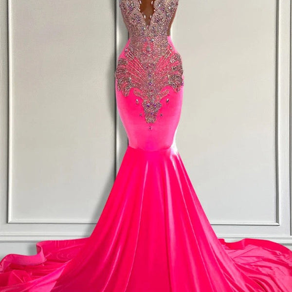 Sleeveless Velvet Mermaid Style Dress with Beadings in Pink Barbie Color Sleeveless Velvet Mermaid Style Dress with Beadings in Pink Barbie Color