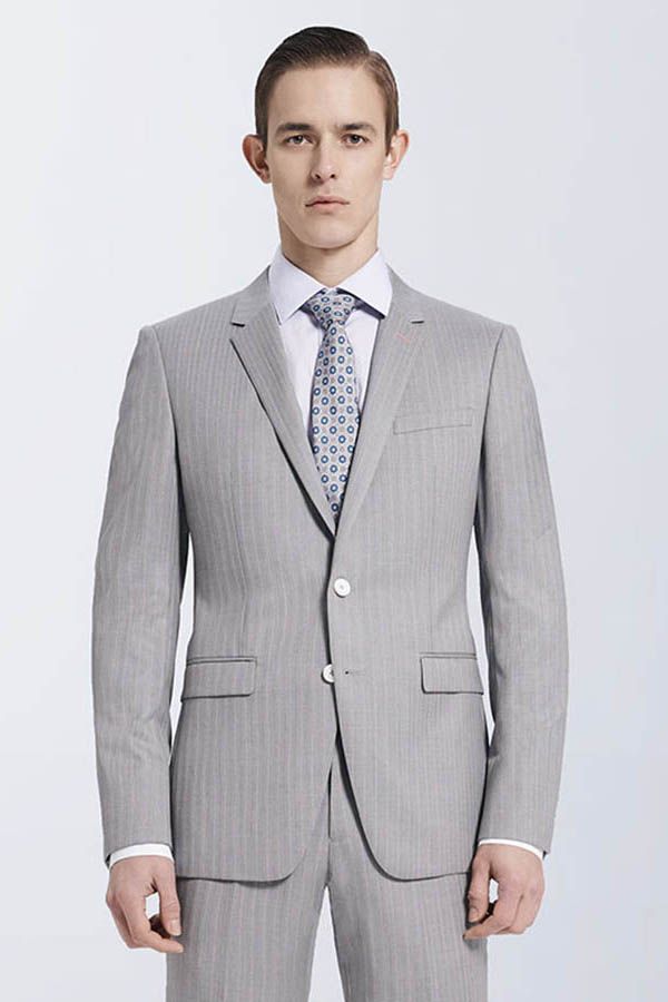 Small Notch Lapel Light-colored Stripes High Quality Light Grey Mens Suits-Ballbella