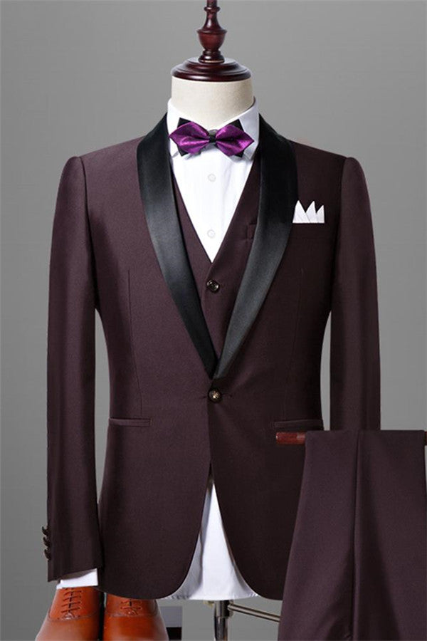 Solid Dark Maroon Wedding Tuxedos for Men Slim Fit Three-pieces Dress Marriage Suits-Ballbella