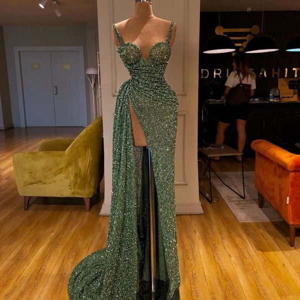 Spaghetti-Starps Shinning Sequins Mermaid Prom Dress With Split-Ballbella