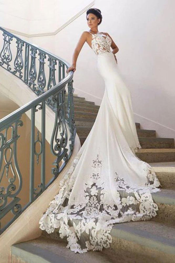 Spaghetti Strap Lace Wedding Dress Online with Chapel Train Spaghetti Strap Lace Wedding Dress Online with Chapel Train