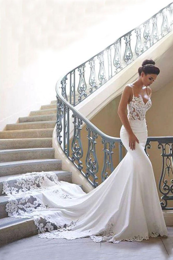 Spaghetti Strap Lace Wedding Dress Online with Chapel Train Ballbella Spaghetti Strap Lace Wedding Dress Online with Chapel Train Ballbella
