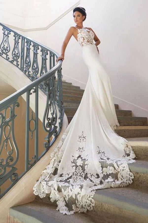 Finding a dress in Tulle, Mermaid style, and delicate Lace work? Ballbella custom made you this Spaghetti Strap Lace Wedding Dress Online with Chapel Train White Bridal Gowns under $200 at factory price.