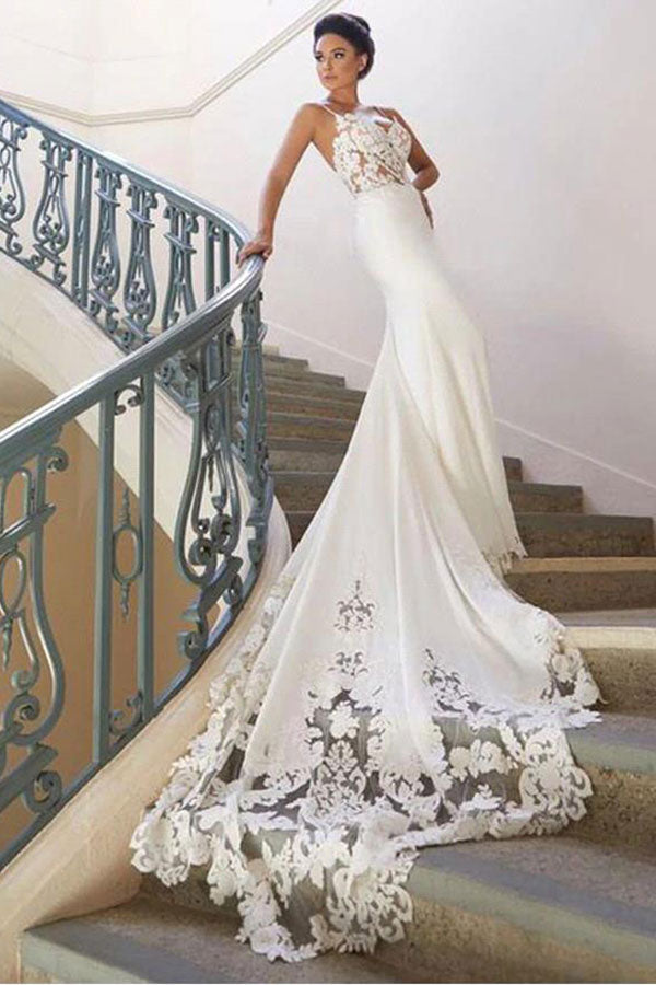 Spaghetti Strap Lace Wedding Dress Online with Chapel Train – Ballbella