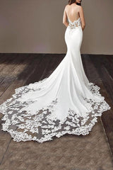 Finding a dress in Tulle, Mermaid style, and delicate Lace work? Ballbella custom made you this Spaghetti Strap Lace Wedding Dress Online with Chapel Train White Bridal Gowns under $200 at factory price.