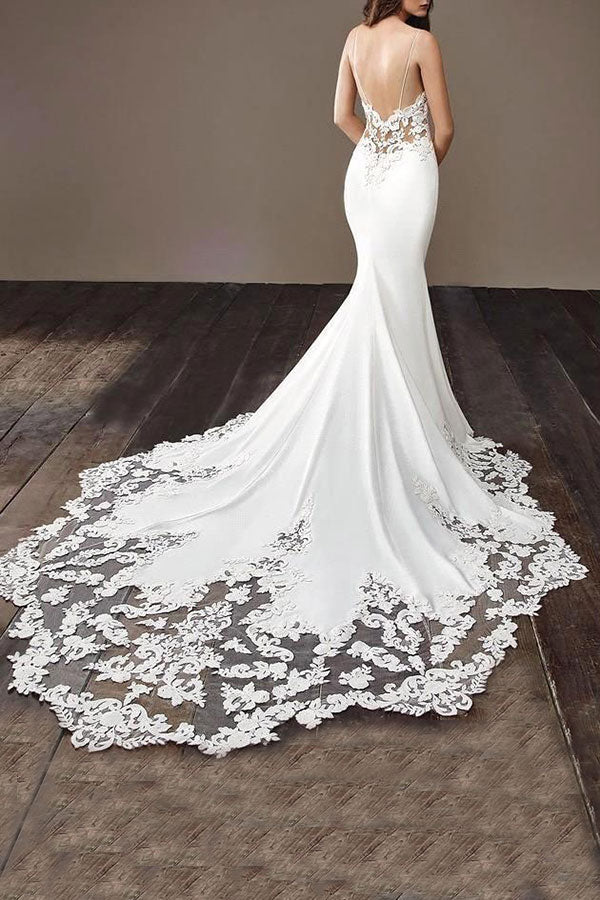 Spaghetti Strap Lace Wedding Dress Online with Chapel Train – Ballbella