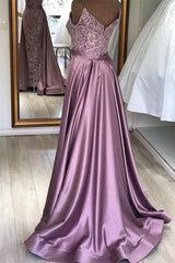 Wanna Prom Dresses, Evening Dresses in Stretch Satin,  A-line style,  and delicate Lace work? Ballbella has all covered on this elegant Spaghetti Strap Lilac Sleeveless Evening Dress with Overskirt Chic V-back Prom Party Gowns with gorgeous Lace appliques yet cheap price.