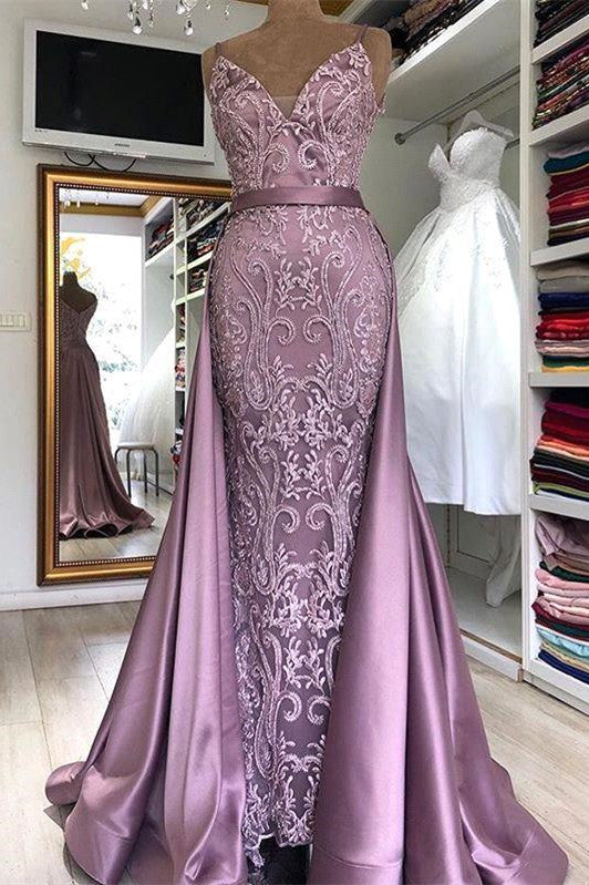 Wanna Prom Dresses, Evening Dresses in Stretch Satin,  A-line style,  and delicate Lace work? Ballbella has all covered on this elegant Spaghetti Strap Lilac Sleeveless Evening Dress with Overskirt Chic V-back Prom Party Gowns with gorgeous Lace appliques yet cheap price.