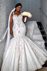 Spaghetti Strap Luxurious Sweetheart Wedding Dress Beading Appliques Mermaid Bridal Dresses-Ballbella
