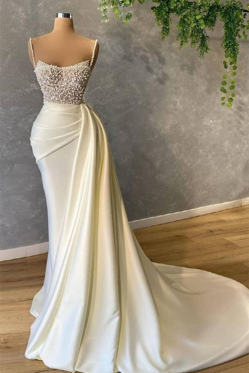Spaghetti strap Mermaid Sweetheart Sleeveless Sequined Beaded Floor-length Prom Dress-Ballbella