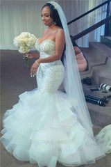 Spaghetti Strap Mermaid White Ruffless Bridal Gowns-Ballbella
