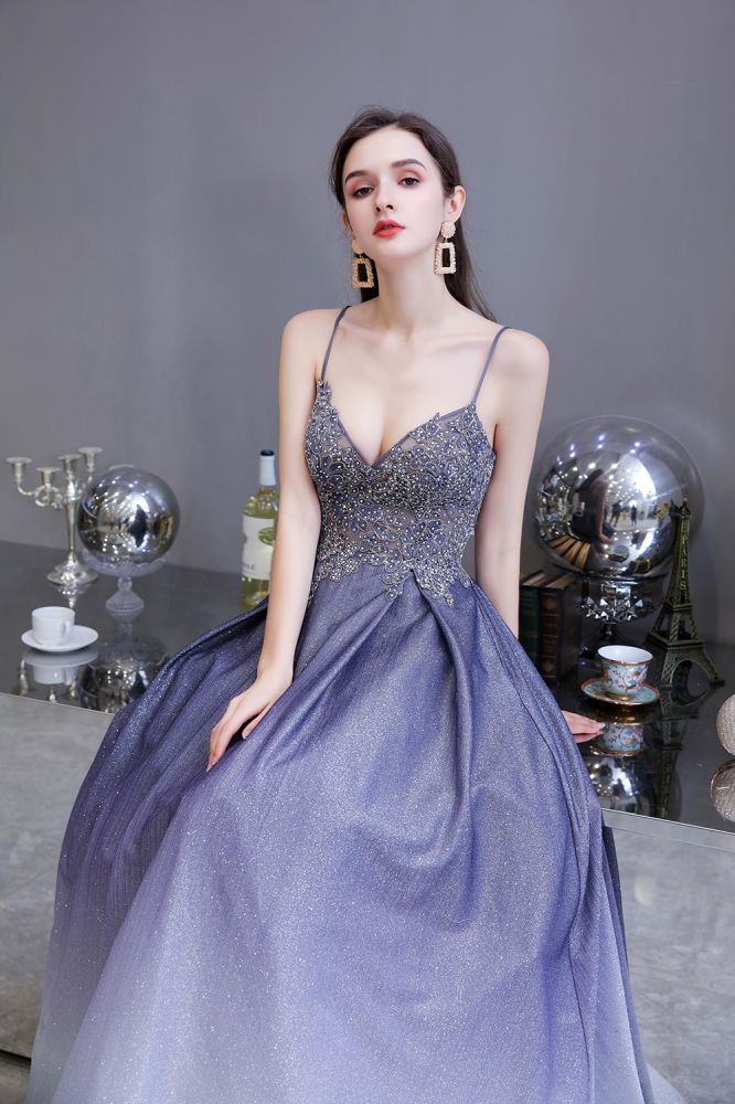 Looking for Prom Dresses, Evening Dresses, Homecoming Dresses, Quinceanera dresses in Satin, Tulle, Lace,  A-line style,  and Gorgeous Lace, Appliques, Pockets, Rhinestone work? Ballbella has all covered on this elegant Spaghetti Strap Ombre Pruple Sparkle Prom Dresses.