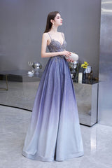 Spaghetti Strap Ombre Pruple Sparkle Prom Dresses-Ballbella