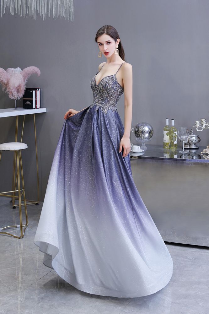 Spaghetti Strap Ombre Pruple Sparkle Prom Dresses-Ballbella