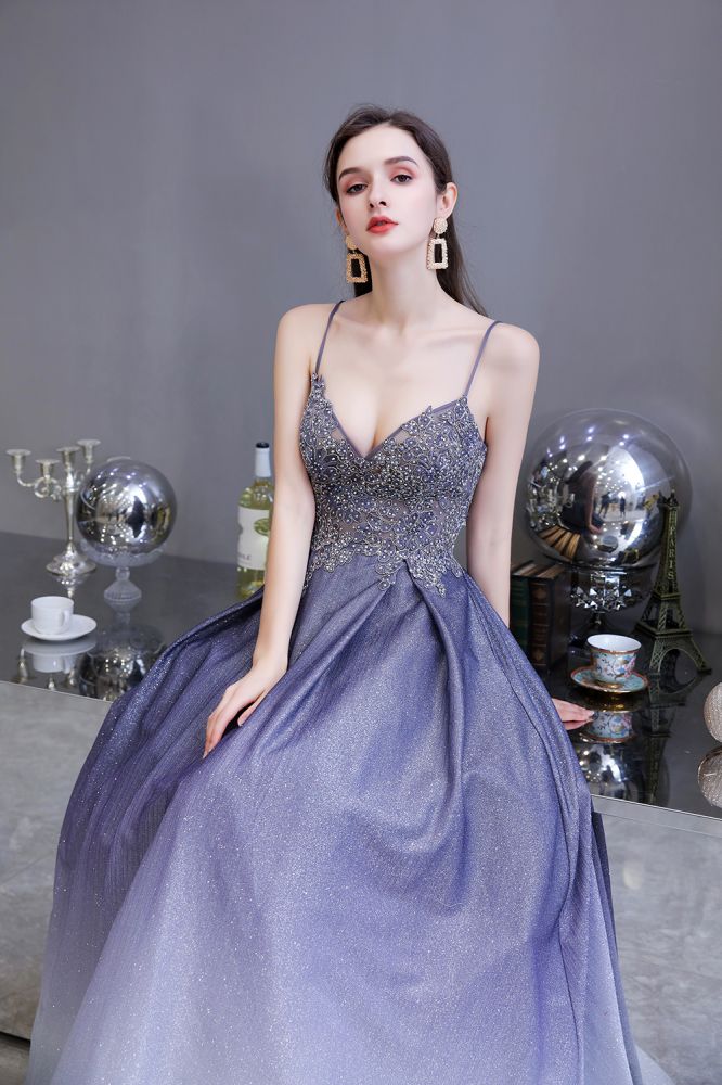 Spaghetti Strap Ombre Pruple Sparkle Prom Dresses-Ballbella
