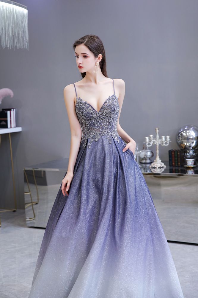 Spaghetti Strap Ombre Pruple Sparkle Prom Dresses-Ballbella