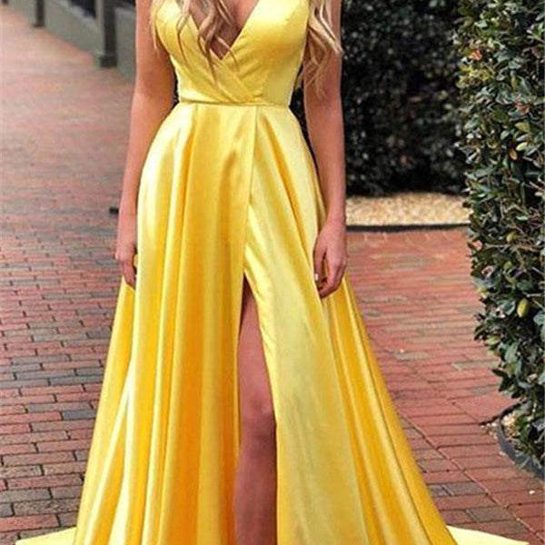 Spaghetti Strap Shiny Royal Blue Prom Party Gowns with High Split Chic V-Neck Princess Evening Dress On Sale