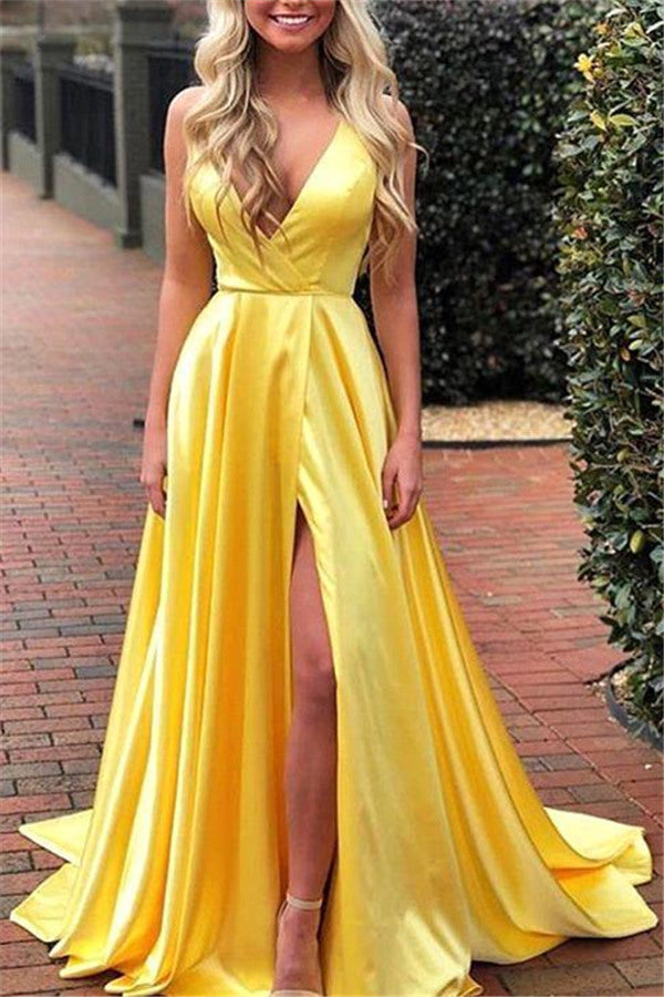 Spaghetti Strap Shiny Royal Blue Prom Party Gowns with High Split Chic V-neck Princess Evening dress On Sale-Ballbella