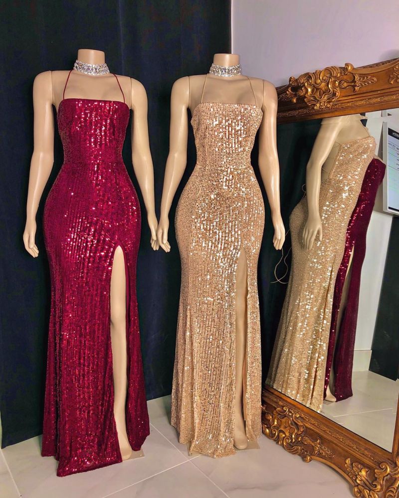 Looking for Prom Dresses, Evening Dresses, Real Model Series in Sequined,  Column style,  and Gorgeous Split Front, Sequined work? Ballbella has all covered on this elegant Spaghetti-straps Criss-cross Long Slit Sequins Mermaid Prom Dresses.