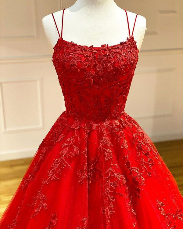 Ballbella offers Spaghetti Straps Floral Lace Aline Evening Gown Sleeveless Prom Party Gowns at a good price from Tulle to A-line Floor-length hem. Gorgeous yet affordable Sleeveless Prom Dresses, Evening Dresses.