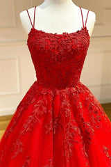 Spaghetti Straps Floral Lace Aline Evening Gown Sleeveless Prom Party Gowns-Ballbella