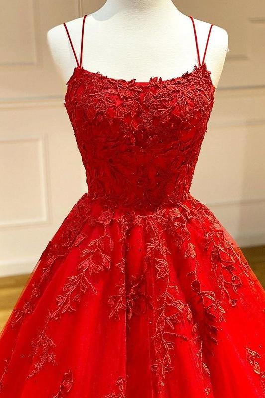 Spaghetti Straps Floral Lace Aline Evening Gown Sleeveless Prom Party Gowns-Ballbella