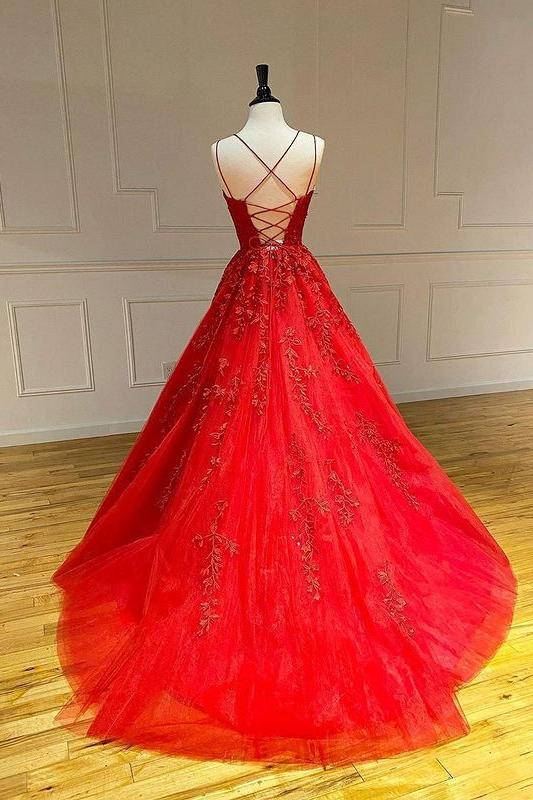 Spaghetti Straps Floral Lace Aline Evening Gown Sleeveless Prom Party Gowns-Ballbella