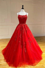 Spaghetti Straps Floral Lace Aline Evening Gown Sleeveless Prom Party Gowns-Ballbella