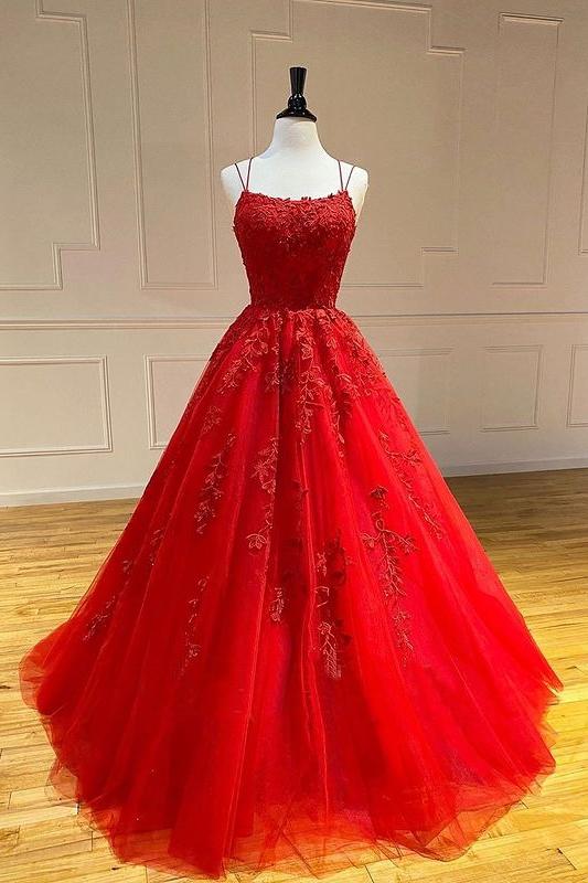 Spaghetti Straps Floral Lace Aline Evening Gown Sleeveless Prom Party Gowns-Ballbella