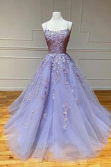 Spaghetti Straps Floral Lace Aline Evening Gown Sleeveless Prom Party Gowns-Ballbella