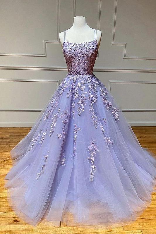 Spaghetti Straps Floral Lace Aline Evening Gown Sleeveless Prom Party Gowns-Ballbella