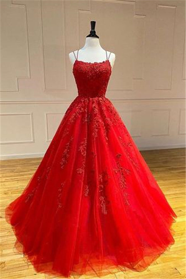 Spaghetti Straps Floral Lace Aline Evening Gown Sleeveless Prom Party Gowns-Ballbella