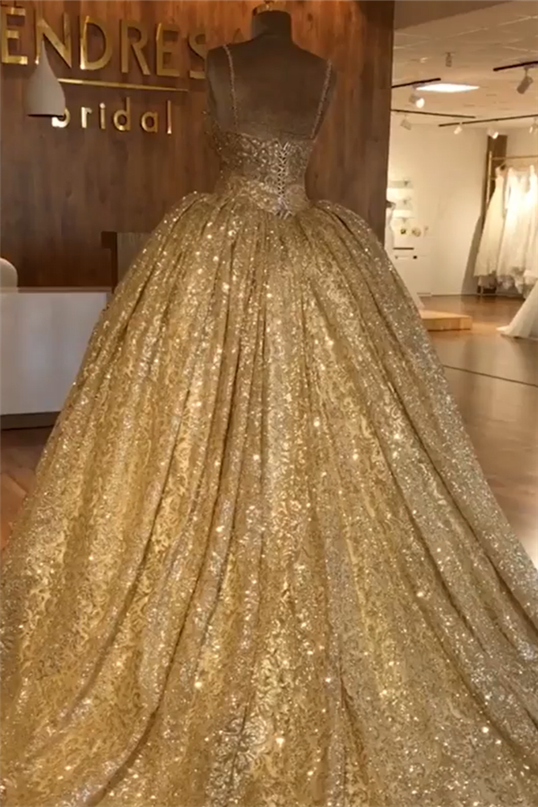 Ballbella offers Spaghetti Straps Gold Beaded Lace Evening Dress Luxurious Ball Gown Princess Open Back Prom Party Gowns at a cheap price from Tulle, Lace to Ball Gown Floor-length hem. Gorgeous yet affordable Sleeveless Prom Dresses, Evening Dresses.