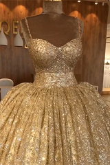 Ballbella offers Spaghetti Straps Gold Beaded Lace Evening Dress Luxurious Ball Gown Princess Open Back Prom Party Gowns at a cheap price from Tulle, Lace to Ball Gown Floor-length hem. Gorgeous yet affordable Sleeveless Prom Dresses, Evening Dresses.