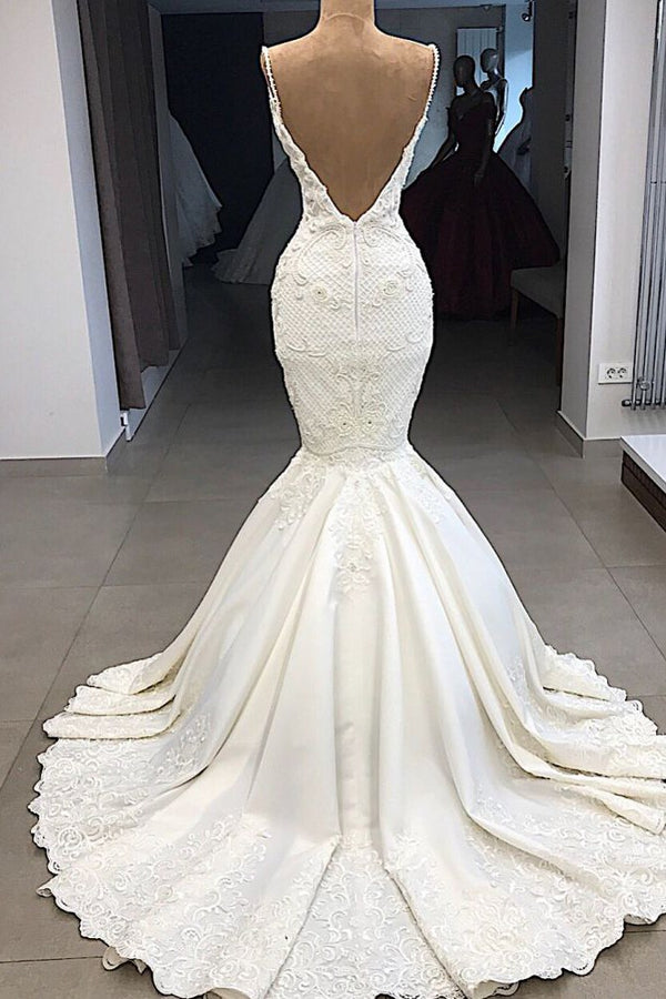 Spaghetti Straps Lace Fit and Flare Wedding Dresses Overskirt Appliques Detachable Satin Backless Bridal Gowns Spaghetti Straps Lace Fit and Flare Wedding Dresses Overskirt Appliques Detachable Satin Backless Bridal Gowns