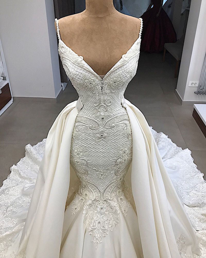 Ballbella custom made you this Spaghetti Straps Lace Fit and Flare Wedding Dresses at factory price, fast delivery worldwide.