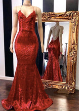 Looking for Prom Dresses, Evening Dresses, Real Model Series in Sequined,  Mermaid style,  and Gorgeous Sequined work? Ballbella has all covered on this elegant Spaghetti Straps Lace-up Red Sequins V-neck Mermaid Prom Dresses.