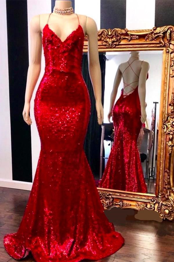 Spaghetti Straps Lace-up Red Sequins V-neck Mermaid Prom Dresses-Ballbella