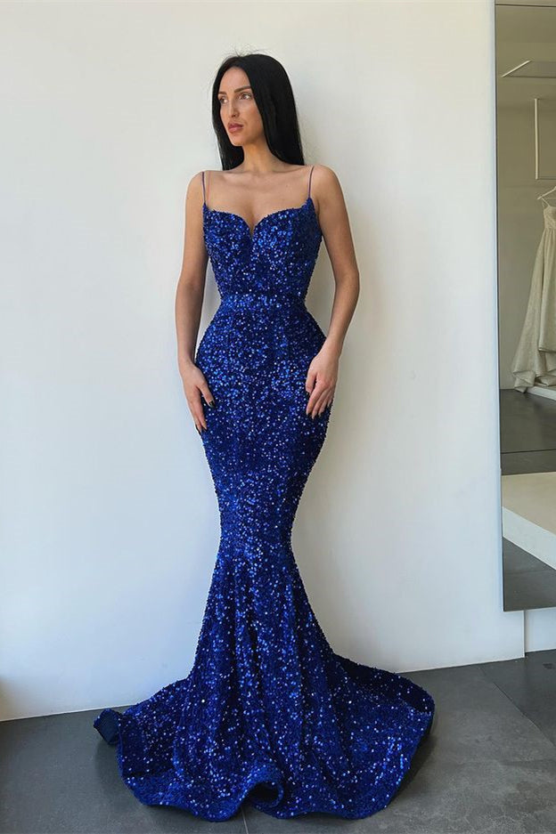 Spaghetti-Straps Royal Blue Mermaid Prom Dress Sweetheart With Split Sequins-Ballbella