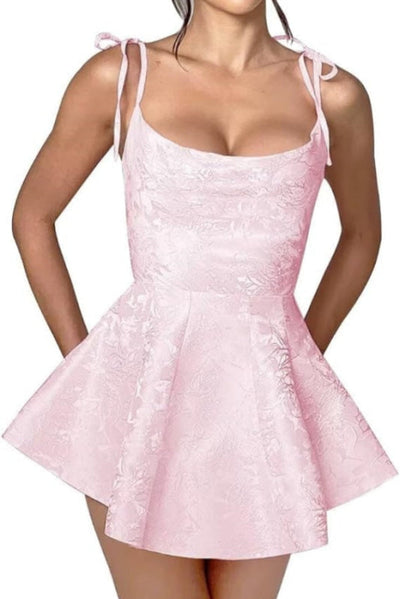 Spaghetti Straps Satin Mini Party Dress Jacquard Sleeveless Homecoming Dress -Ballbella