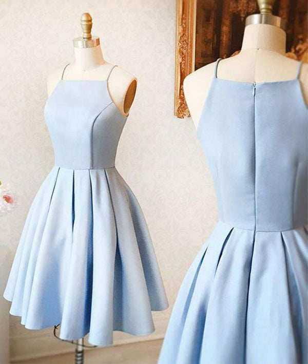 Looking for Prom Dresses, Homecoming Dresses, Quinceanera dresses in Satin Chiffon,  style,  and Gorgeous Ruffles work? Ballbella has all covered on this elegant Spaghetti Straps Sky Blue Mini Dress Simple Homecoming Dress.