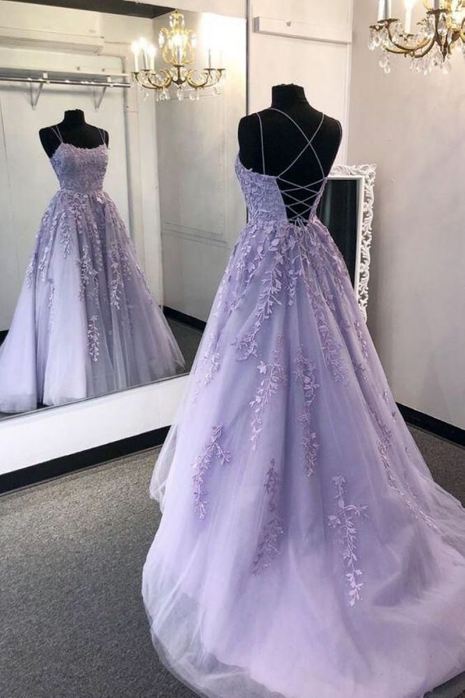 Spaghetti Straps Sweetheart Evening Dress Tulle Floral Appliques Backless Prom Party Dress-Ballbella
