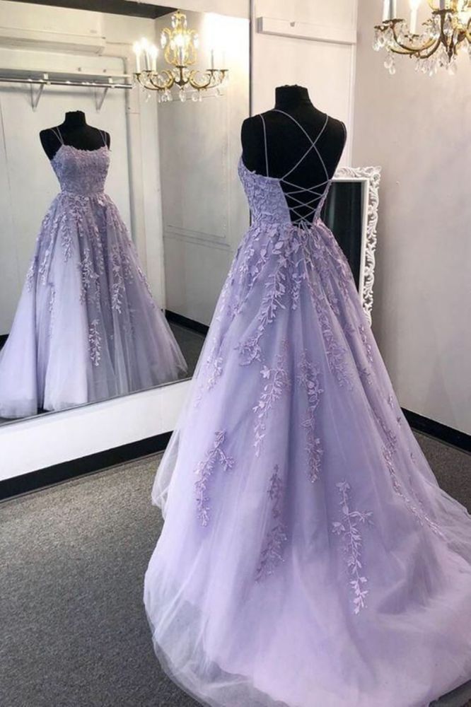 Looking for Prom Dresses, Quinceanera dresses in Tulle, Lace,  A-line style,  and Gorgeous Lace, Appliques, Ribbons, Print work? Ballbella has all covered on this elegant Spaghetti Straps Sweetheart Evening Dress Tulle Floral Appliques Backless Prom Party Dress.