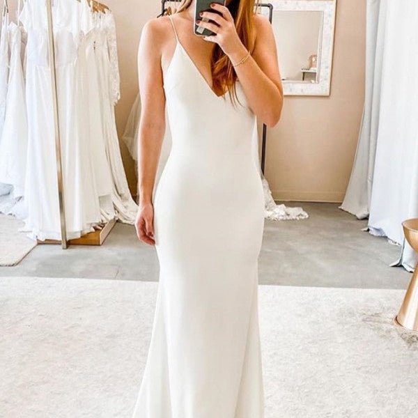 modern sheath wedding dress Spaghetti Straps V neck Sheath Wedding Dresses Modern Backless Bridal Gowns