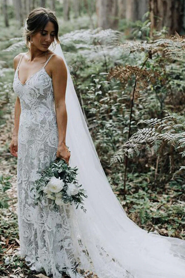 Spaghetti Straps White Floral Lace Simple Wedding Dress-Ballbella