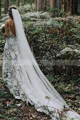 Spaghetti Straps White Floral Lace Simple Wedding Dress-Ballbella