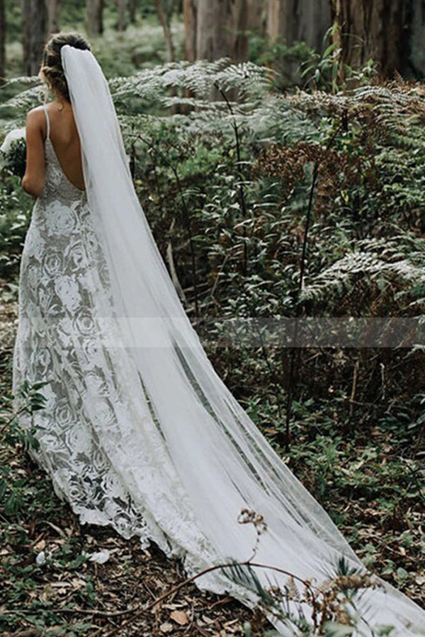 Spaghetti Straps White Floral Lace Simple Wedding Dress-Ballbella