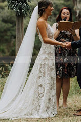 Spaghetti Straps White Floral Lace Simple Wedding Dress-Ballbella