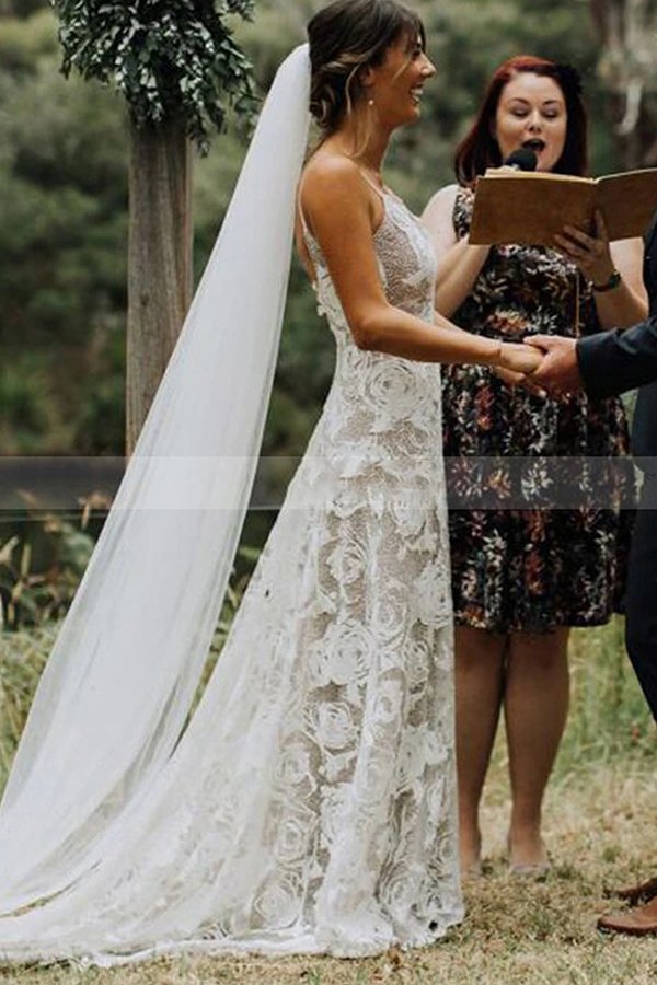 Spaghetti Straps White Floral Lace Simple Wedding Dress-Ballbella