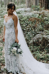 Looking for a dress in Lace, Column style, and Amazing Lace work? We meet all your need with this Classic Spaghetti Straps White Floral Lace Simple Wedding Dress.